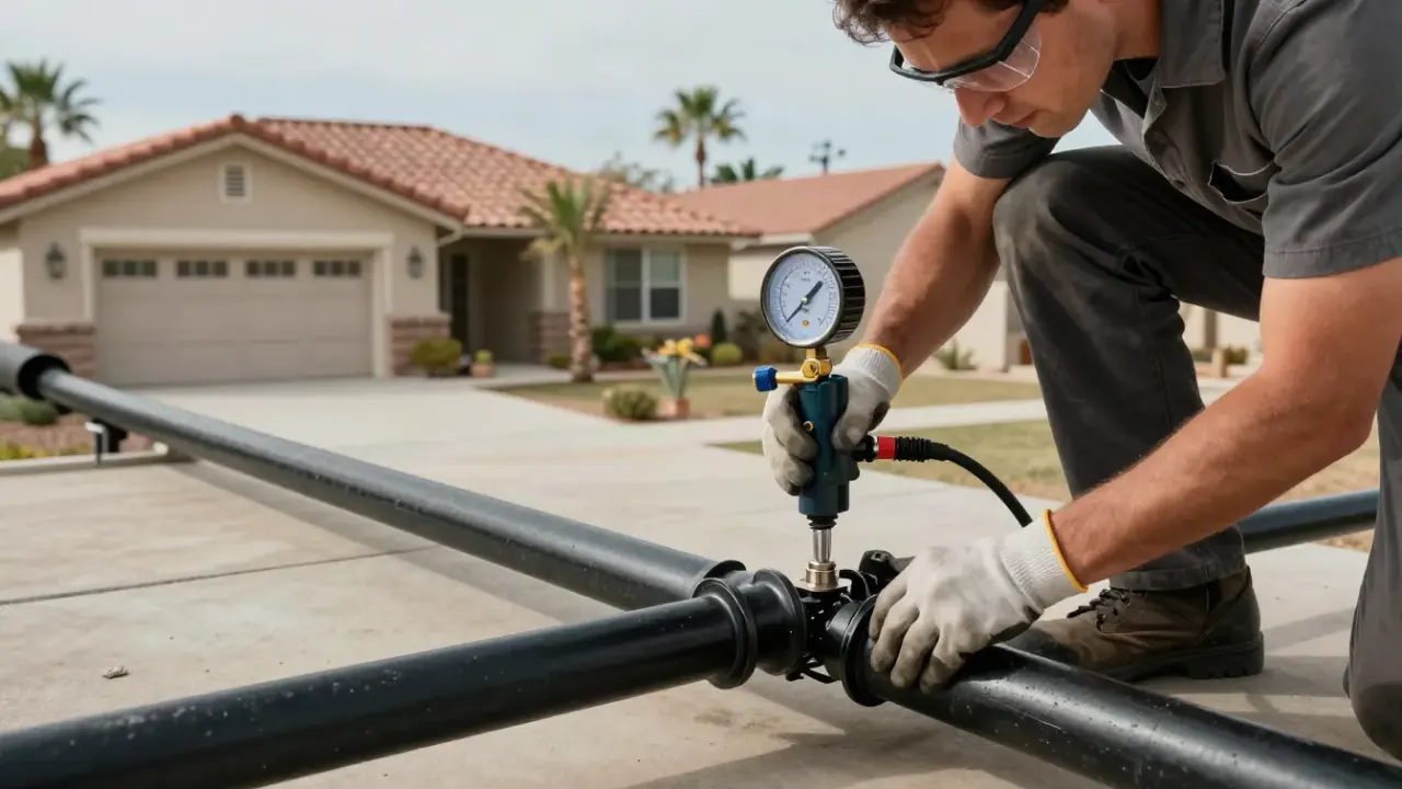 Gas Line Repair in Fountain Valley, California: close-up of a licensed gas fitter's hands using a pipe threading machine to