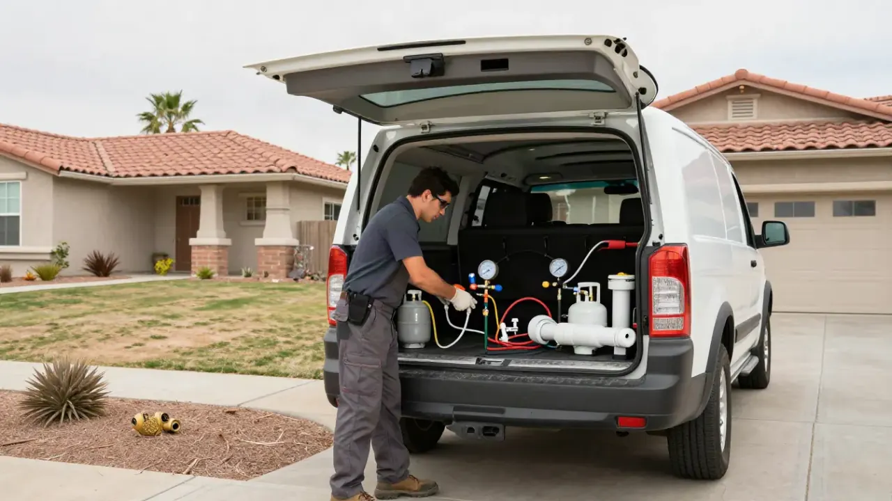 Gas Line Repair in Fountain Valley, California: service vehicle parked in a residential driveway in Fountain Valley, with