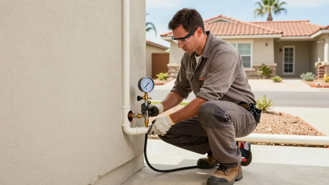 Gas Line Pressure Testing in Fountain Valley, California: licensed gas fitter connecting a manometer gauge to a capped gas